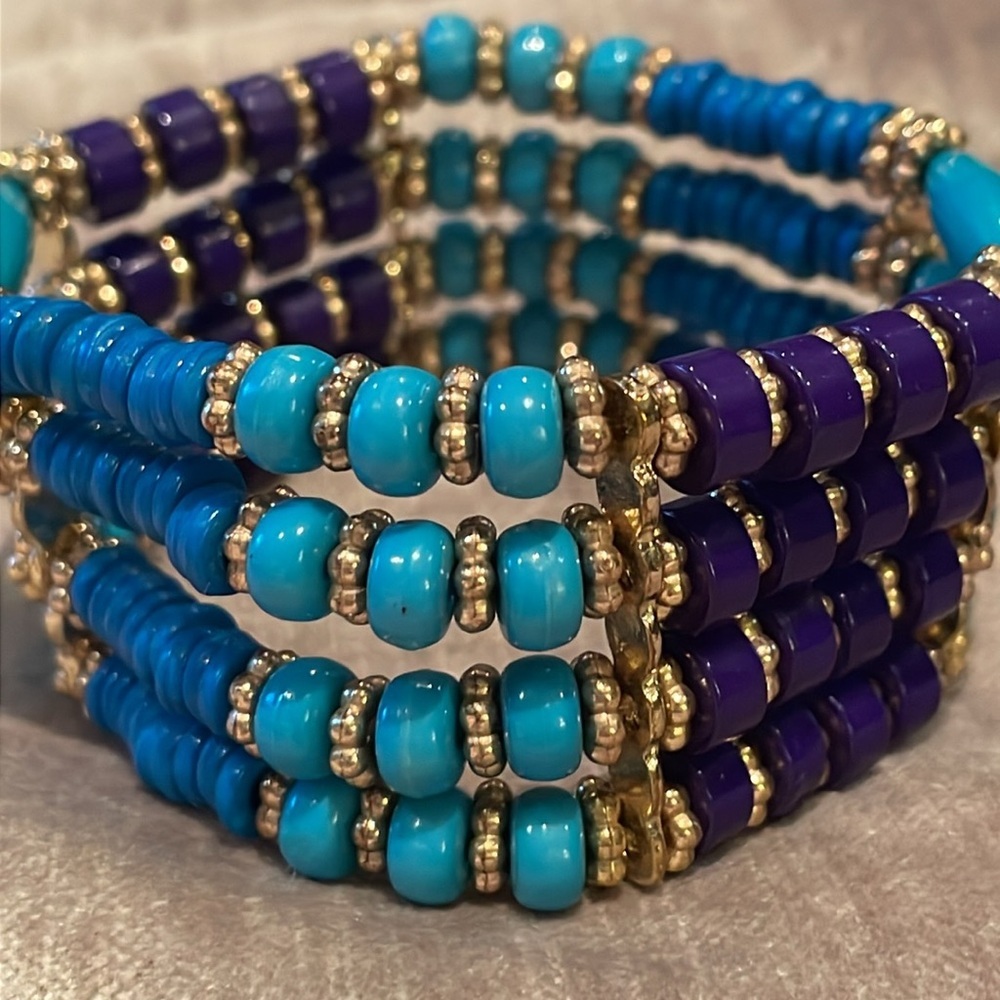 Turquoise & Navy Blue & Gold Beaded Stretch Bracelet 7.5”